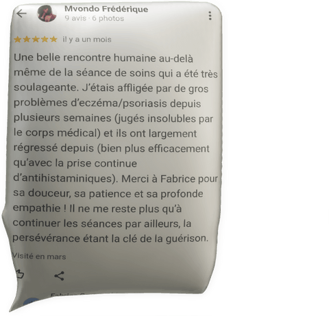 témoignage eczéma psoriasis par Mvodo Frédérique pour Fabrice Corazza magnétiseur guérisseur coupeur de feu Locunolé Finsitère Bretagne